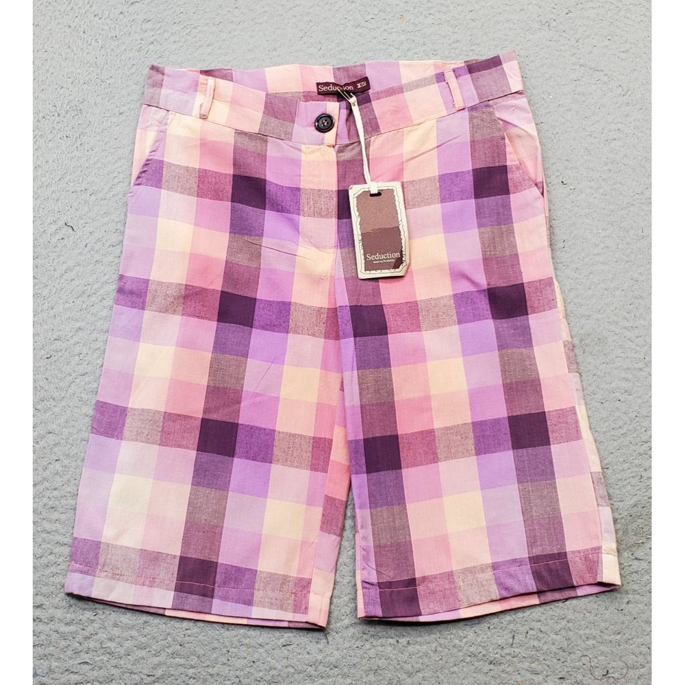 Seduction Bermuda Shorts Womens Medium Multi Plaid Classic Flat Front 11" Inseam